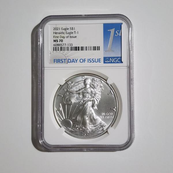 NGC MS70 Graded 2021 Silver 1 Oz American Eagle First Day of Issue Heraldic Eagle T-1