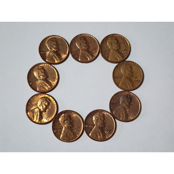 Lot of (9) Assorted Years Lincoln Memorial Cents 