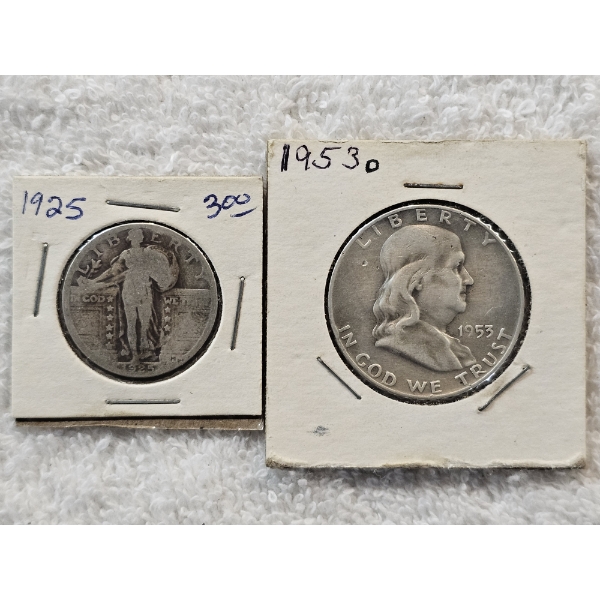 Two 90% Silver US Treasury Coins - Franklin Half Dollar and Standing Liberty Quarter - AFV $.75