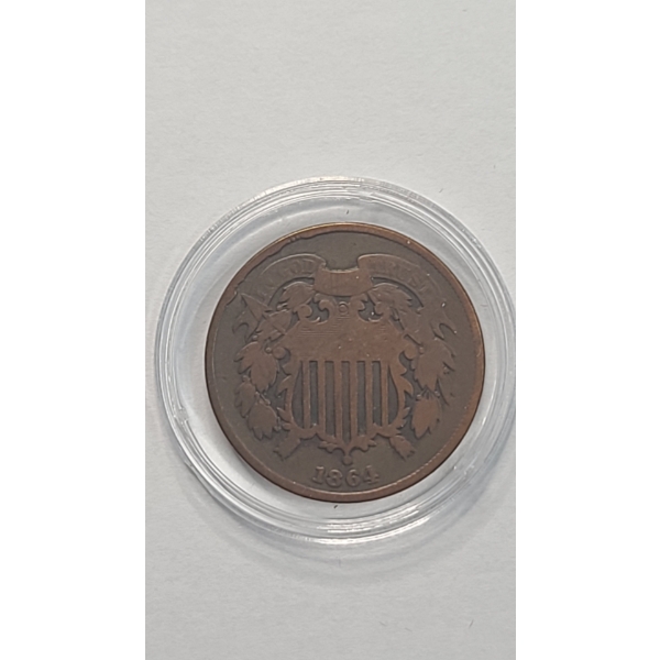 United States 1864 "Shield" Two Cent Piece "Large Motto" Variety In Coin Capsule 