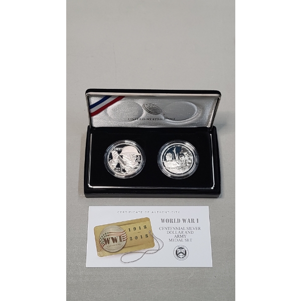 2018 World War l Centennial 90% Silver Proof Dollar & 90% Silver Army Proof Medal Set With COA