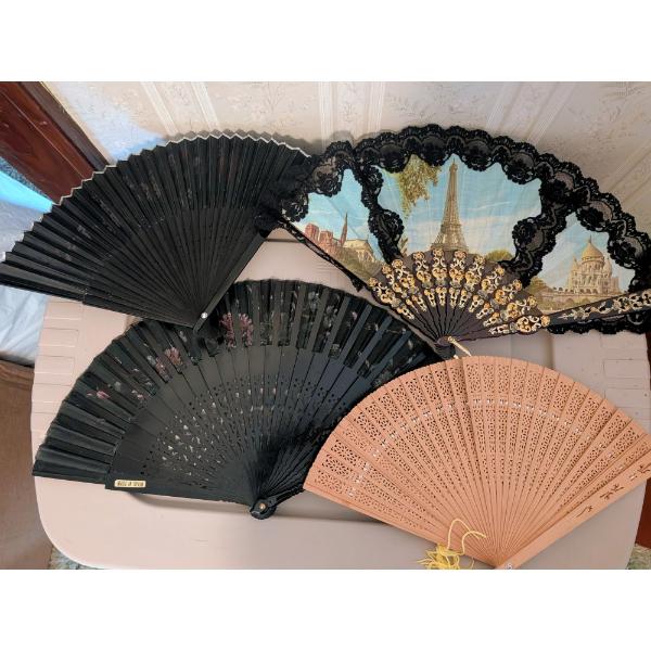 4 Folding Fans, Vintage Gold Tone And Black Enamel Compact Mirror, & Cigarette Case With Lighter.