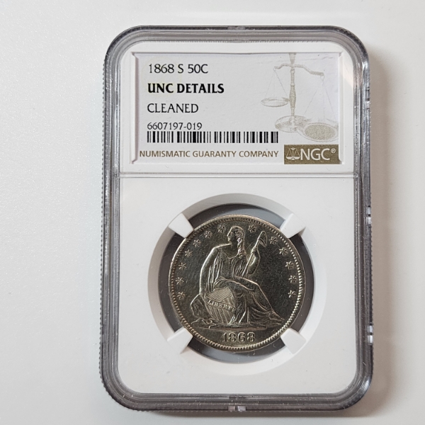 U.S. 1868-S Seated Liberty Half Dollar - 90% Silver - NGC UNC Details, Cleaned