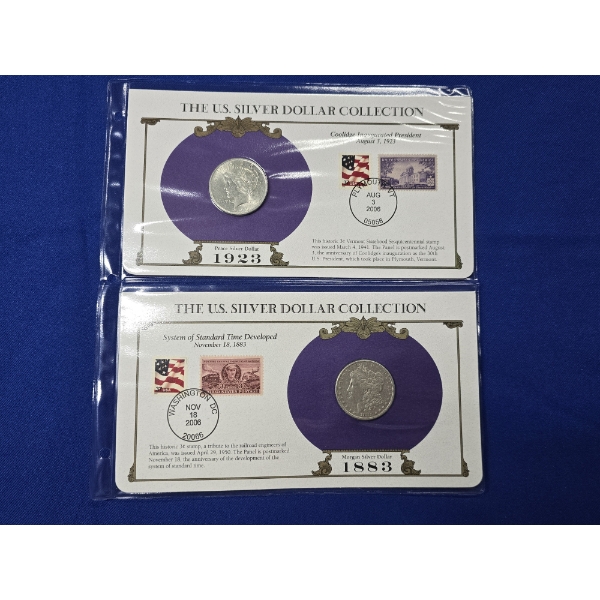 1883 Morgan Silver Dollar and 1923 Peace Silver Dollar w/ Stamps - Postal Commemorative Society