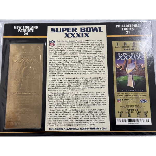 Authentic 2005 Super Bowl XXXIX NFL Football Ticket & 24K Gold Plated Ticket - Mint Condition