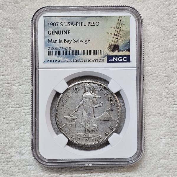NGC Genuine 1907-S USA-PHIL 80% Silver Peso Manila Bay Salvage SHIPWRECK CERTIFICATION! ~ RECOVERED!