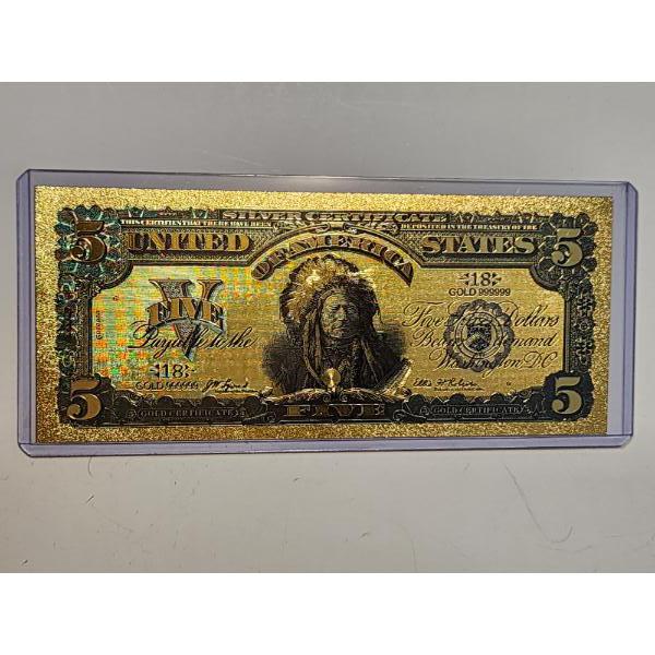 $5 Gold Certificate Indian Chief Gold Foil .999999 - 24K Gold Note In Protective Holder - Mint Cond.