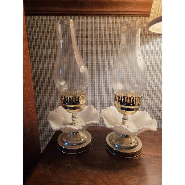 PICKUP IN CANTON - Two Vintage 14'' Milk Glass Candle Hurricane Lamps 