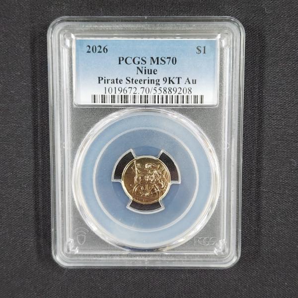 PCGS MS70 Niue Pirate Steering 9KT GOLD 1 GRAM Coin