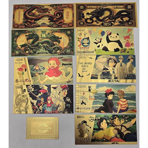 Set of 24k Gold Foiled Notes - 3 Chinese Year of the Dragon & 6 Japanese Various Themes 