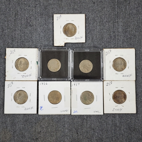 Nine Assorted United States Nickels ~ Ft. 4 Older Buffalo Nickels, Newer Bison Nickels & More!