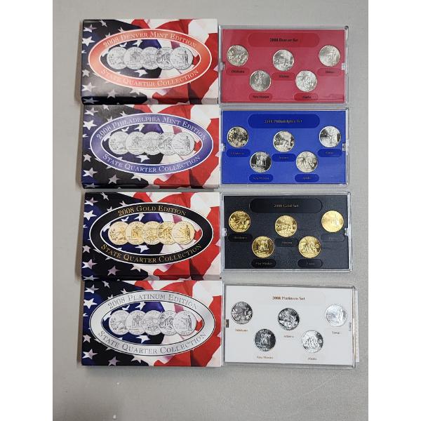(4) 2008 State Quarter Collection Sets: Gold Edition/Platinum Edition/Philadelphia Mint/Denver Mint