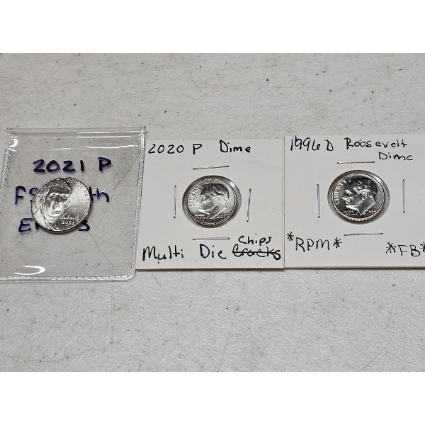 2021P Penny, 1996D Roosevelt Dime, and 2020P Dime with Die Strike Errors