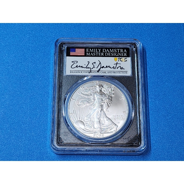 PCGS MS 70 2022 1oz American Silver Eagle - First Day of Issue - Damstra Signed!