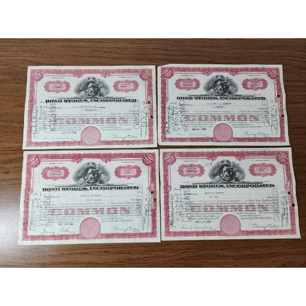 Lot of (4) Bone Stores, Incorporated Less than 100 Shares Stock Certificates: Dated 1948 & 1946