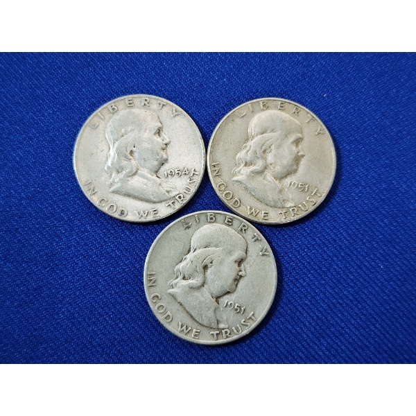 x3 United States 90% Silver Franklin Half Dollars: 1954, 1951, 1951