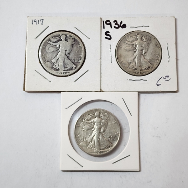 Three 90% Silver Walking Liberty Half Dollars: 1917, 1936-S, 1943 - Face Value : $1.50