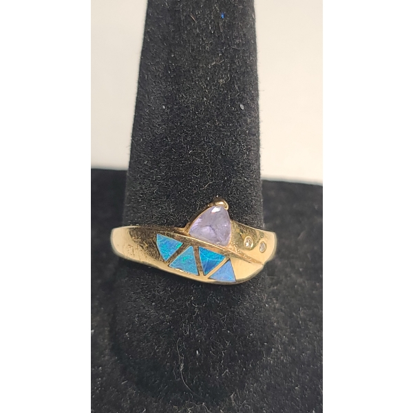 14K Gold Geometric Australian Opal Inlay, Diamonds & Possible Tanzanite Ring -Size 7.5- Weight: 3.6g