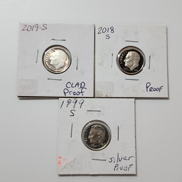 x3 U.S. Proof/Proof-Like Dimes: 2019-S Clad, 2018-S, 1999-S Silver 