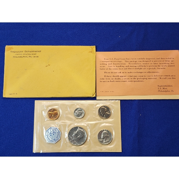 1964 U.S. Silver Mint Proof Set, 5 Coins w/ Original Envelope