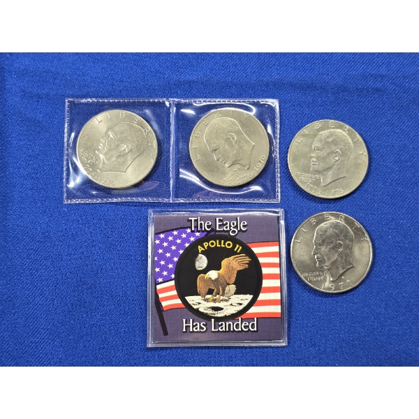 Lot of (5) Eisenhower Dollars - FV: $5 - (3) 1976, (3) 1971 Including: The Morgan Mint Apollo 11 COA