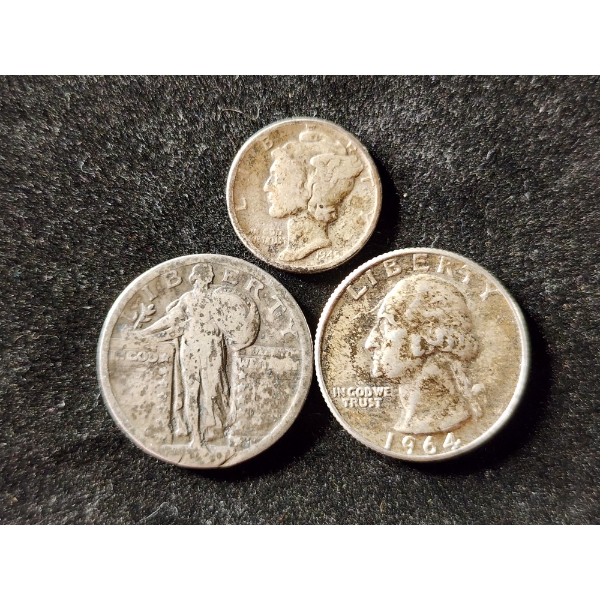 Asstd 90% Silver United States Coins - Standing Liberty Quarter, Washington Quarter & Mercury Dime