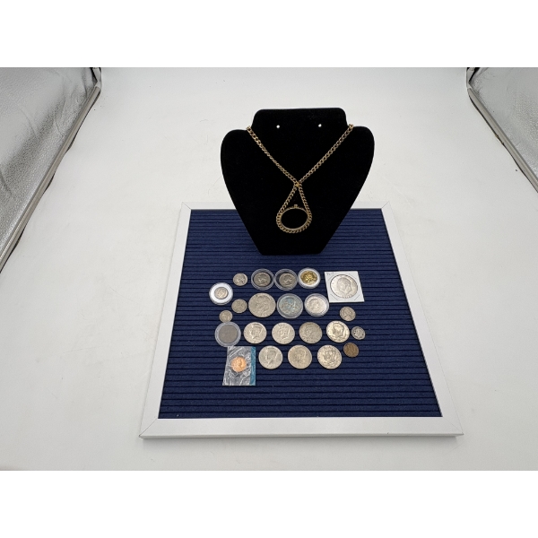 Lot of Assorted US Coins Including Gold-Plated, Wheat Pennies and Coin Necklace