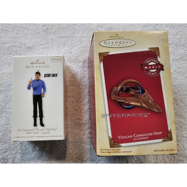 Star Trek - 2 Hallmark Keepsake Ornaments - Vulcan Command Ship and McCoy with Boxes