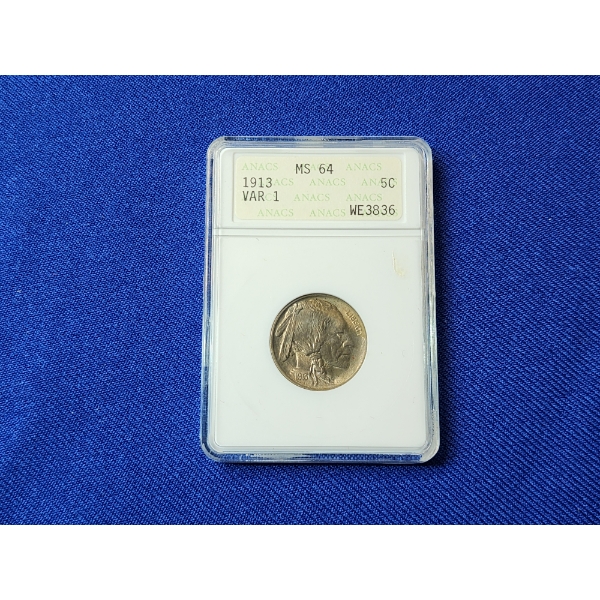 1913 Buffalo Nickel - Variety 1 "FIVE CENTS" on Raised Ground ANACS MS 64