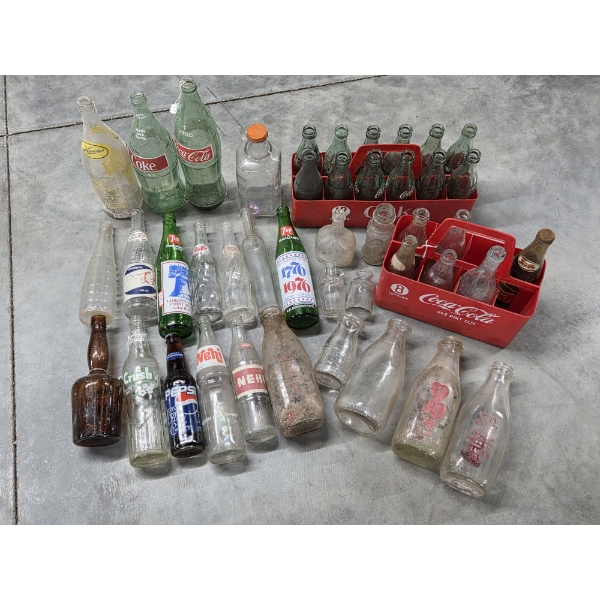 Unique Vintage Glass Bottle Collection With Plastic Bottle Carriers 