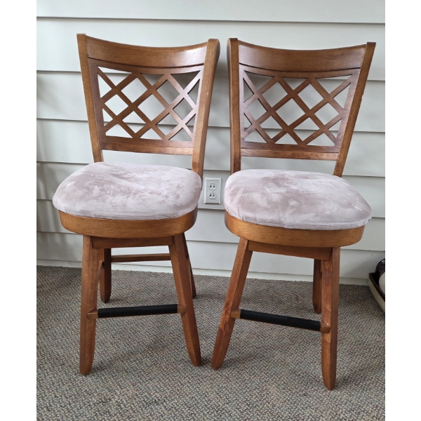  Two Matching Wood Swivel Stools With Padded Seats, 24'' Seat Height, 15.5'' Wide & 39'' Tall 