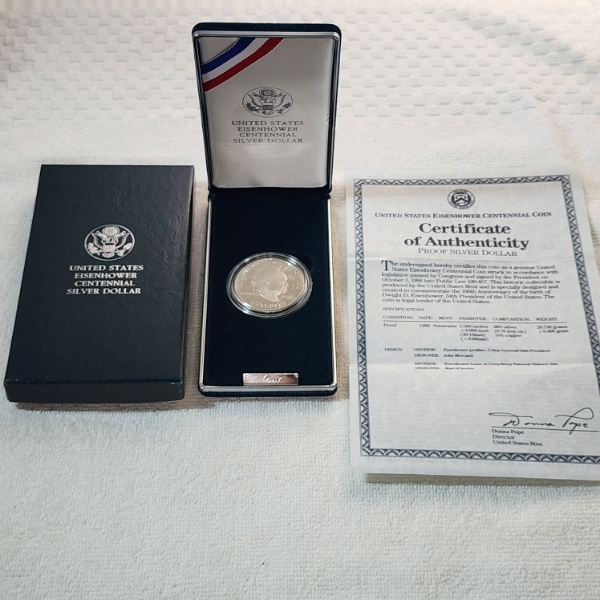 1990 U.S. Eisenhower Centennial Proof Silver Dollar Coin - 90% Silver w/ OGP Packaging & CoA
