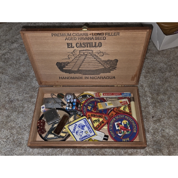 PICKUP IN CANTON - Wood Cigar Box With Patches, Dice, Pins, Small Knife And More Neat Items 