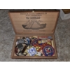 Image 1 : PICKUP IN CANTON - Wood Cigar Box With Patches, Dice, Pins, Small Knife And More Neat Items 