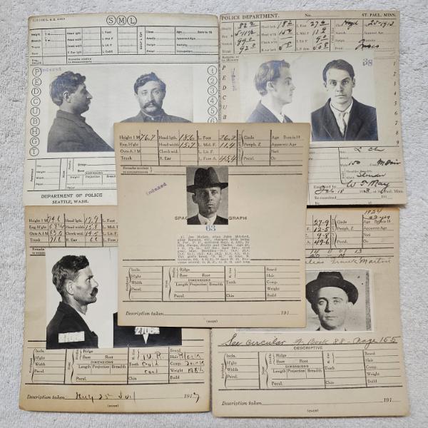 INTERESTING!!! Collection of 5 Antique MUGSHOT Bertillon Criminal Booking Sheets