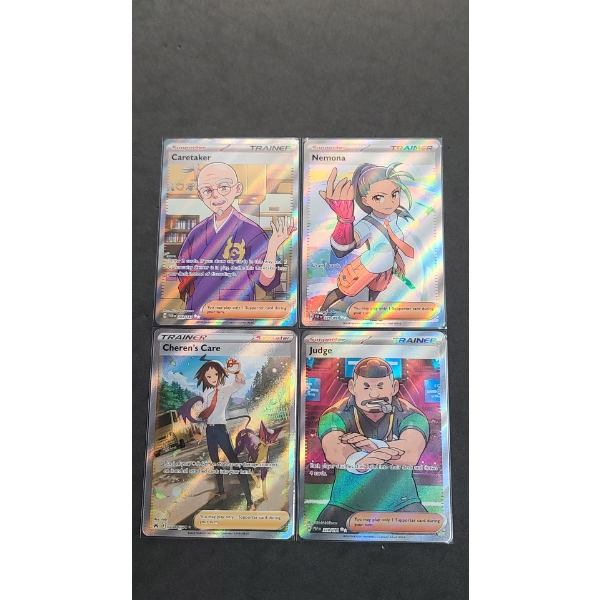 Collection Of 4 Full Art Pokémon Trainer/ Supporter Holo Cards- Caretaker, Nemona, Cherens Care & Ju