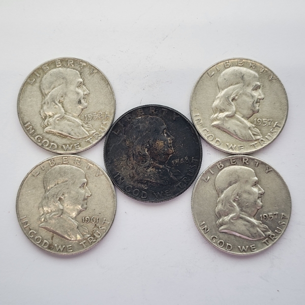 Five Assorted Years 90% Silver Franklin Half Dollars - FV: $2.50