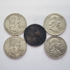 Image 1 : Five Assorted Years 90% Silver Franklin Half Dollars - FV: $2.50