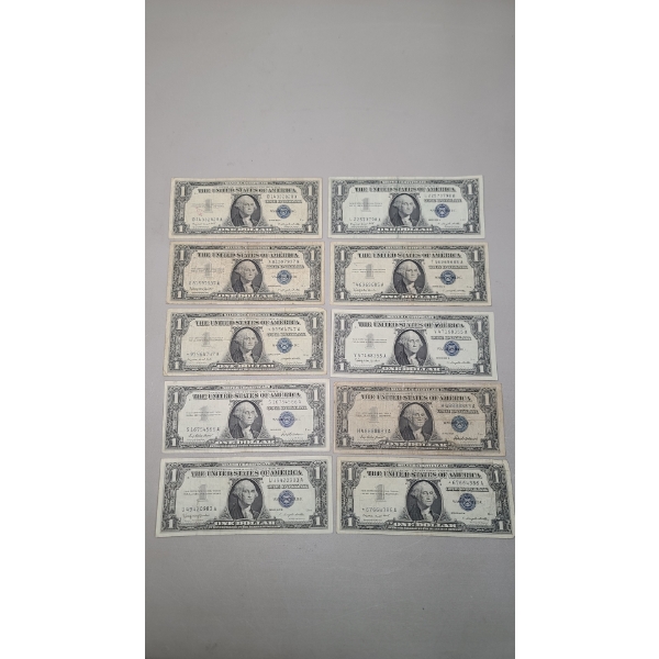(10) Assorted Series $1 Silver Certificates - Series 1957, 1957A, 1957B - Face Value: $10