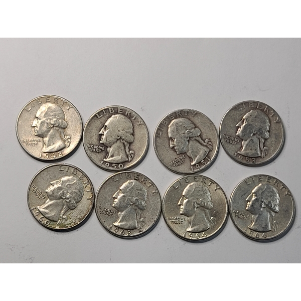 Assorted Years/Mint Marks 90% Silver Washington Quarters - Face Value: $2.00
