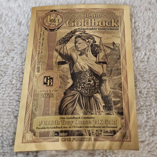 1/4 Goldback Aurum Foil Local Currency Note Containing 1/4000th Troy Ounce Of 24K Pure Gold