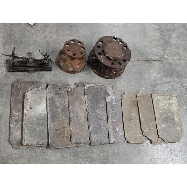 Two Vintage Wood Pipe Stands, Slate Pieces, And Vintage Scale Weights