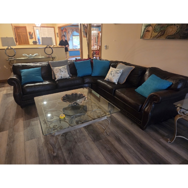 Soft Dark Brown Leather Large Sectional With Matching Chair And Beautiful Collection Of Decorative P