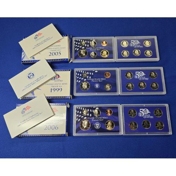3 United States Mint Proof Sets - 50 State Quarters - 1999- S, 2005- S, 2006- S - w/ OGP & COA