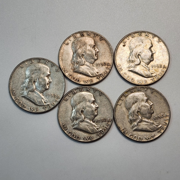 Five 1952-D United States 90% Silver Franklin Half Dollars - FV: $2.50