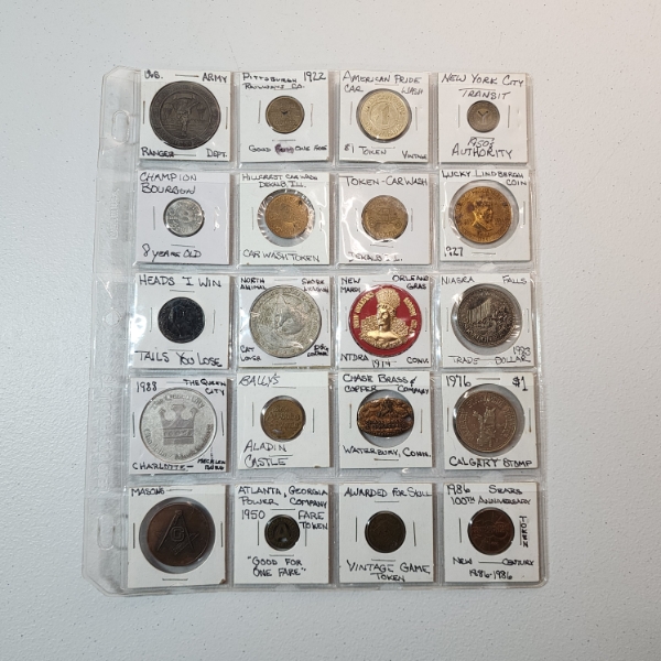 Binder Page of Assorted Tokens/Medals: Mardi Gras, Mason's, Railways Tokens, & More!