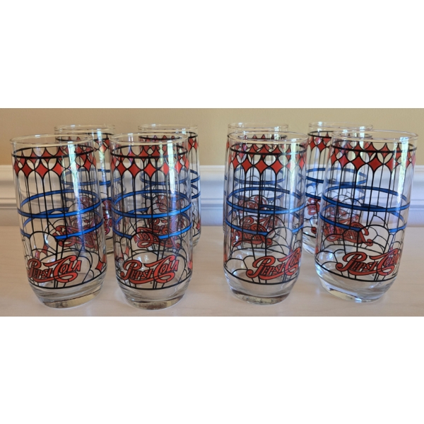 8 Pepsi Cola Tiffany Style Vintage Glasses - 6" Tall