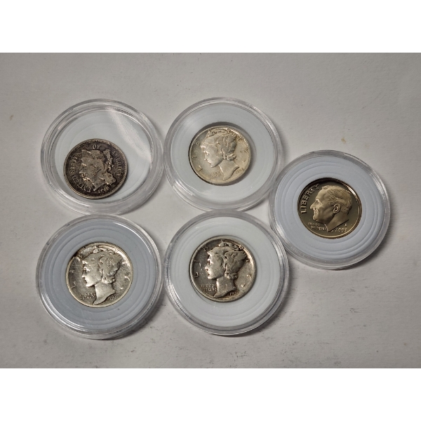 Assorted U.S. Coins: 90% Silver Mercury Dimes, Proof-Like Roosevelt Dime, 1886 Three-Cent Nickel