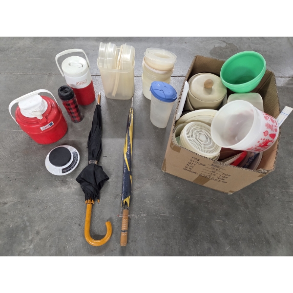 Home Items Including 2 New Large Umbrellas, Drink Coolers, Large Collection Of Reusable Containers