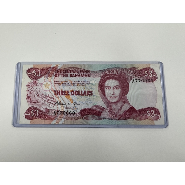 RARE Central Bank Of The Bahamas $3.00 Note - Queen Elizabeth - Mint Condition